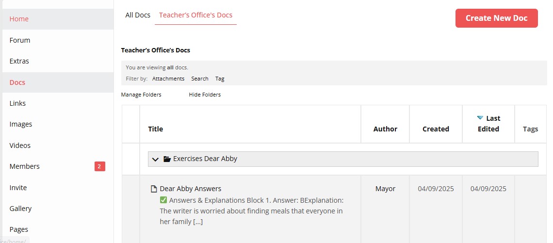Documents list and folders