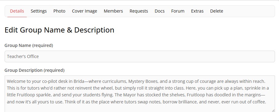 Edit group name & description screen